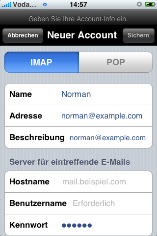 Neuer Account - Auswahl IMAP/POP